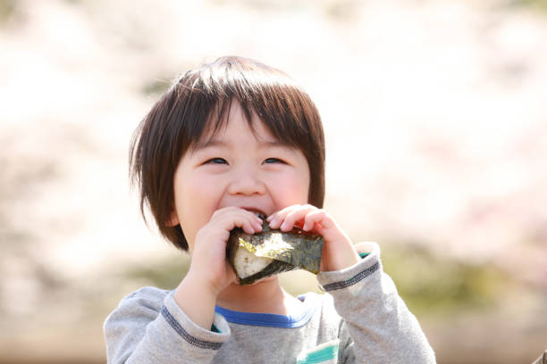 niño comiendo bolas de arroz - child picnic smiling outdoors fotografías e imágenes de stock