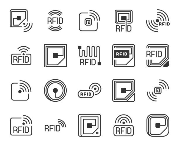 Rfid icons. Radio-frequency identification label, tag, chip and antenna line logo. Wireless system for tracking and control, vector symbols Rfid icons. Radio-frequency identification label, chip and antenna line. Wireless system tracking and control, vector symbols. Identification chip innovation, frequency digital electronic illustration radio frequency identification stock illustrations