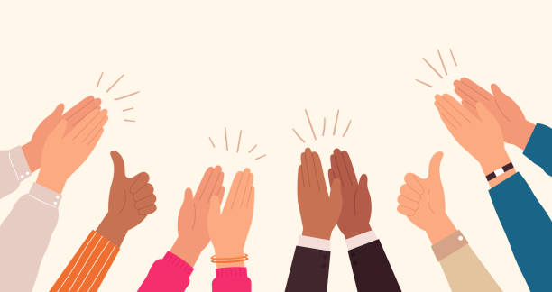 Human hands clapping. People crowd applaud to congratulate success job. Hand thumbs up. Business team cheering and ovation vector concept Human hands clapping. People crowd applaud to congratulate success job. Hand thumbs up. Business team cheering and ovation vector concept. Illustration support celebration, appreciation friendship human finger illustrations stock illustrations