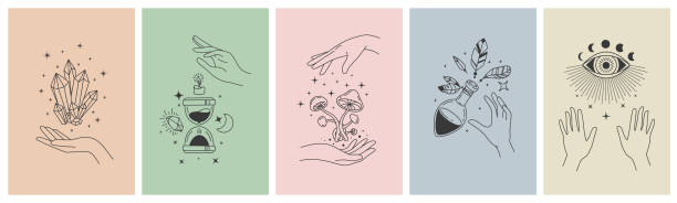 Mystical line hands. Minimalist esoteric moon, crystals, hourglass symbols for tattoo print. Boho astrology hand. Mystic app vector concept Mystical line hands. Minimalist esoteric moon, crystals, hourglass symbols for tattoo print. Boho astrology hand. Mystic app vector concept. Illustration tattoo boho, witchcraft esoteric banner sketch paranormal illustrations stock illustrations