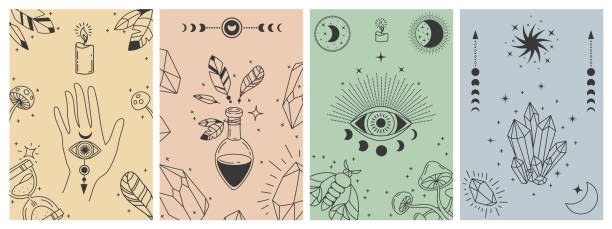 Mystical boho posters. Esoteric line prints with astrology symbols, crystals, potion, evil eye and occult hand. Tarot card vector concepts Mystical boho posters. Esoteric line prints with astrology symbols, crystals, potion, evil eye and occult hand. Tarot card vector concepts. Illustration esoteric astrology print, occult symbol candle illustrations stock illustrations