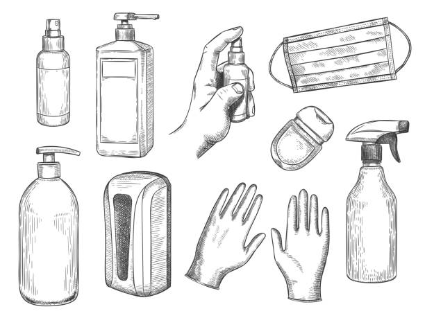 Sketch sanitizer bottle. Personal protective equipment. Medical mask, gloves, liquid soap and antibacterial spray. PPE hand drawn vector set Sketch sanitizer bottle. Personal protective equipment. Medical mask, gloves, liquid soap and antibacterial spray. PPE hand drawn vector set. Illustration sanitizer bottle against virus cleaning drawings stock illustrations