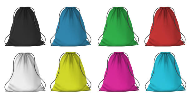 Color sport backpack mockup. Realistic cloth packs with ropes for clothes. Fabric red, blue, pink and green drawstring bags, 3D vector set Color sport backpack mockup. Realistic cloth packs with ropes for clothes. Fabric red, blue, pink and green drawstring bags, 3D vector set. Illustration pouch luggage, haversack mock-up luggage strap stock illustrations