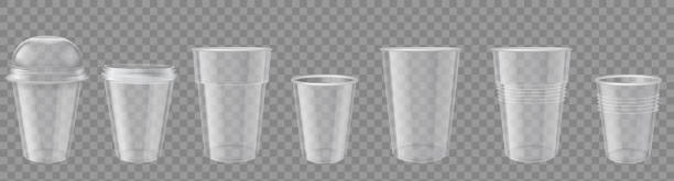 Plastic cup. Realistic transparent disposable cups with cap. Empty drink containers mockup. Packages for coffee or cold beverage vector set Plastic cup. Realistic transparent disposable cups with cap. Empty drink containers mockup. Packages for coffee or cold beverage vector set. Disposable clean cup with lid or cap illustration disposable cup stock illustrations
