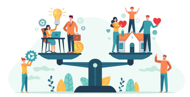 Home and work on scales. Woman and man balancing family and career. Business people compare love, children, job. Balance life vector concept Home and work on scales. Woman and man balancing family and career. Business people compare love, children, job. Balance life vector concept. Illustration comparison finance compare family cartoon of conclusion stock illustrations