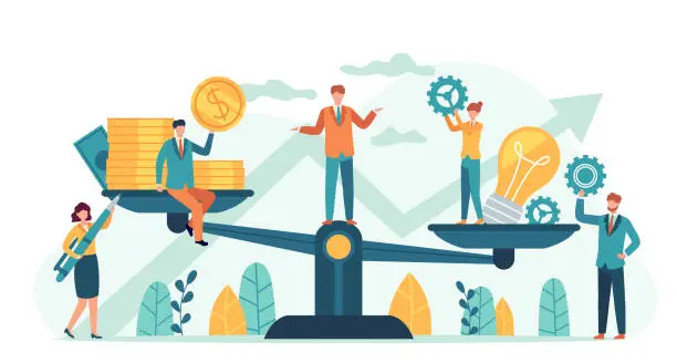 Vector illustration of Money and idea balance. Investor compare business ideas and finance on scales. Buying creative project or startup, tiny human vector concept