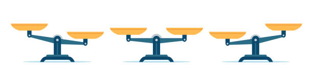 ilustrações de stock, clip art, desenhos animados e ícones de scales in balance and imbalance. flat libra icon with gold bowls in equal position. weight mass comparison on leverage scales, vector set - weight scale