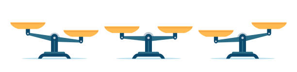 Scales in balance and imbalance. Flat libra icon with gold bowls in equal position. Weight mass comparison on leverage scales, vector set Scales in balance and imbalance. Flat libra icon with gold bowls in equal position. Weight mass comparison on leverage scales, vector set. Illustration equality measurement, weigh imbalance scale stock illustrations