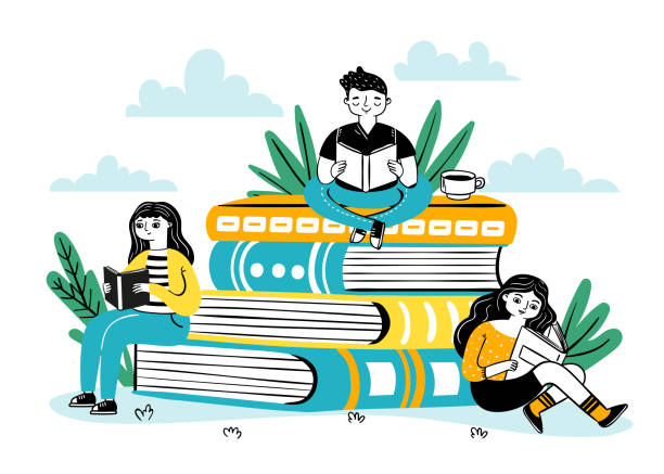 istock Reading on pile of books. Happy students sit on big book stack, read and learn. Books festival poster for bookstore, library vector concept 1292898093