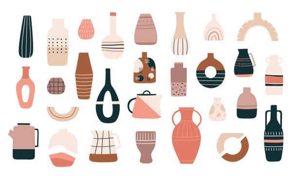 illustrazioni stock, clip art, cartoni animati e icone di tendenza di vasi scandinavi. brocche, pentole e teiere in ceramica in stile minimalista alla moda. brocca decorativa, tazza di ceramica antica e set vettoriale vaso - ancient old traditional culture inside of