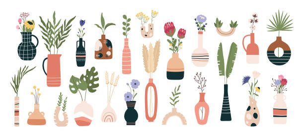 ilustrações, clipart, desenhos animados e ícones de vasos florais. flores da primavera florescendo, folhas tropicais e ervas em jarros e bules. girassóis planos, aster e conjunto de vetores de flores protea - vase