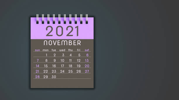 istock Stylized 2021 calendar notebook November page in purple, front view with copy space 1292898856