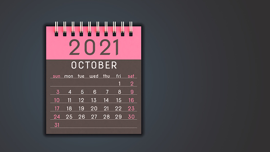Stylized 2021 calendar notebook October page in pink, front view with copy space