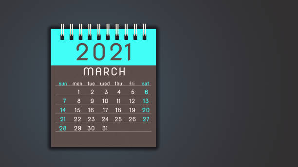 istock Stylized 2021 calendar notebook March page in blue, front view with copy space 1292900900