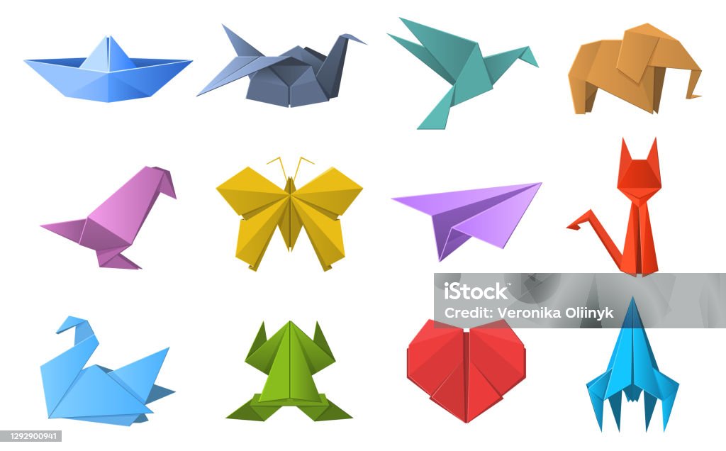Forme Di Origami Di Carta Piegatura Poligonale Della Carta Origami Piccione  Animali Figure Di Aerei E Navi Set Di Illustrazioni Vettoriali Hobby Origami  Orientali - Immagini vettoriali stock e altre immagini di