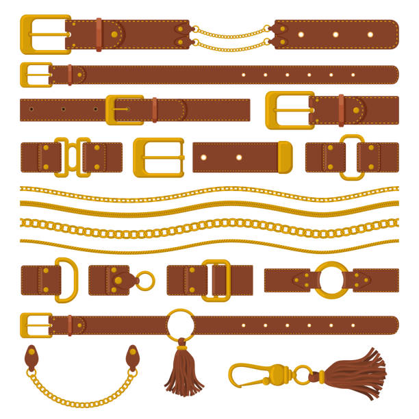 Belts and chains elements. Leather brown belts, gold ring straps, chains and metal buckles. Haberdashery leather accessories vector illustration Belts and chains elements. Leather brown belts, gold ring straps, chains and metal buckles. Haberdashery leather accessories vector illustration. Leather belt straight, clasp and strap part buckle stock illustrations