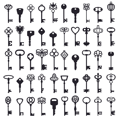 Vintage keys. Antique ornamental safe key, old and modern keys classic silhouettes. House security key symbols vector illustration set. Shape key silhouette, black antique icon