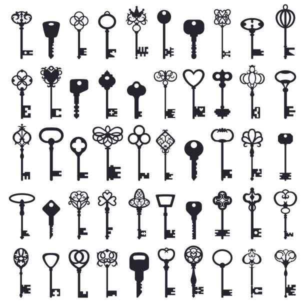 Vintage keys. Antique ornamental safe key, old and modern keys classic silhouettes. House security key symbols vector illustration set Vintage keys. Antique ornamental safe key, old and modern keys classic silhouettes. House security key symbols vector illustration set. Shape key silhouette, black antique icon victorian house stock illustrations
