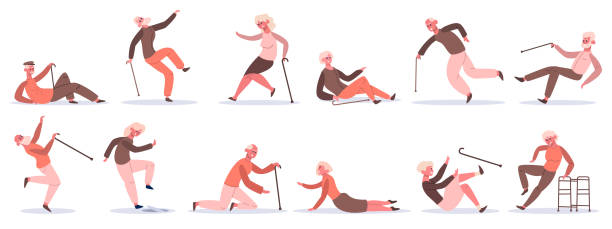 Falling elderly characters. Old people stumble and slip, retired characters falling down. Dangerous traumatic accident vector illustration set Falling elderly characters. Old people stumble and slip, retired characters falling down. Dangerous traumatic accident vector illustration set unbalance stock illustrations