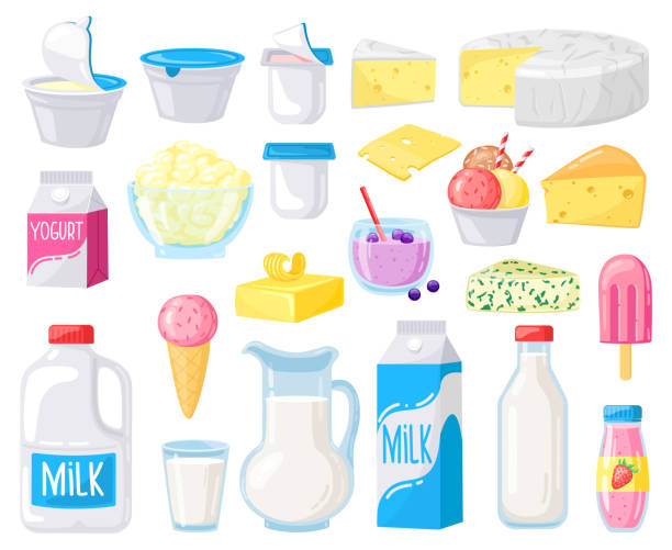 milchprodukte. cartoon-milch, käse, butter, saure sahne, joghurt, hüttenkäse und eis. bio-milch-lebensmittel-vektor-illustration-set - yogurt jar cream milk stock-grafiken, -clipart, -cartoons und -symbole