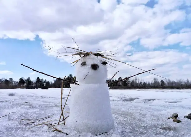 Funny snowman from snow branches and stones , Merry Christmass and happy New Year! Winter outdoor kids activity concept