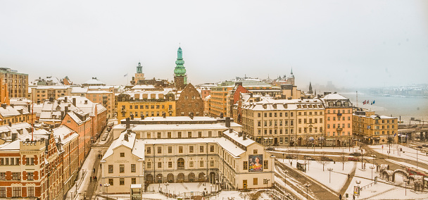 Panoramal view of Slussen,Stockholm, Sweden. Winter with some snow,