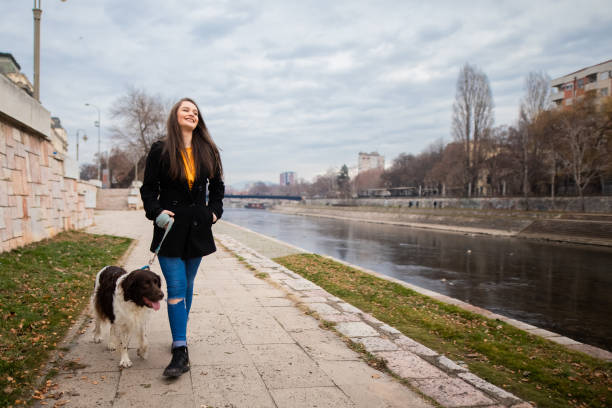 istock Girl walking the dog by the waterfront 1292907151