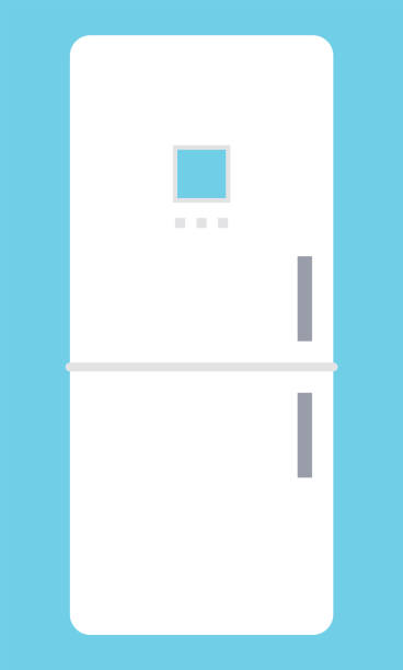 istock White modern fridge with freezer isolated on blue. Vector cartoon image of big white fridge 1292907164