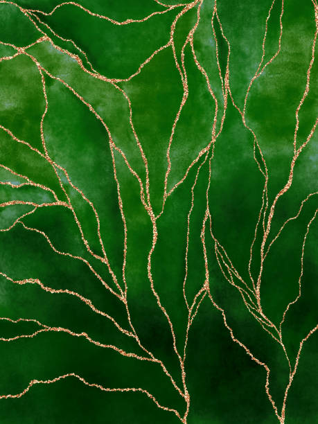 istock Abstract poster handmade Dark green watercolor background drawn by brush. flowing paint on textured paper. Gold shiny splashes, drops, lines. Elegant luxury wallpaper 1292911515