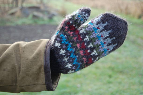 istock A homeknitted/homemade mitten from wool on a human hand. 1292911728