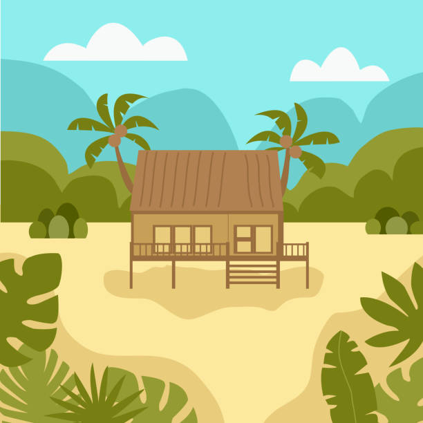 Asian style wooden house at countryside with trees, mountains and sky in flat design. Asian style wooden house at countryside with trees, mountains and sky in flat design. stilt house stock illustrations