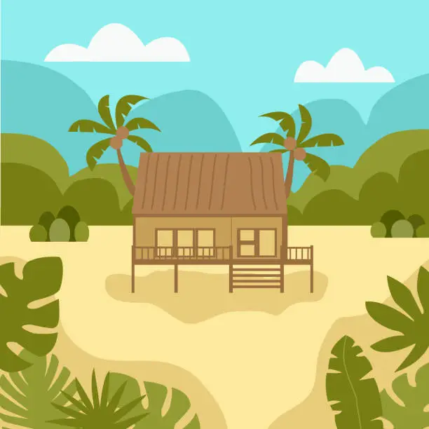 Vector illustration of Asian style wooden house at countryside with trees, mountains and sky in flat design.