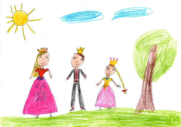 ilustraciones, imágenes clip art, dibujos animados e iconos de stock de niño dibujando hermoso príncipe y princesa. arte del lápiz en estilo infantil - princess castle child family