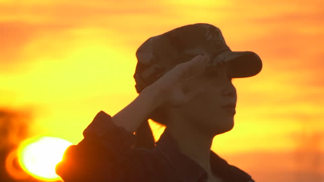 Female Military Silhouette Soldier Salute IN Sunset