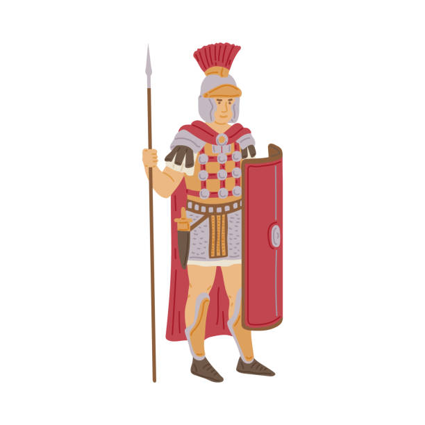 Ancient Rome warrior soldier in armor and shield - cartoon isolated man Ancient Rome warrior soldier in armor and shield - cartoon man wearing historical Roman army legionary costume isolated on white background. Vector illustration roman centurion stock illustrations