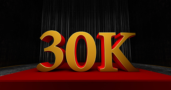 golden 30k or 30000 thank you, Web user Thank you celebrate of subscribers or followers and likes, 3D render