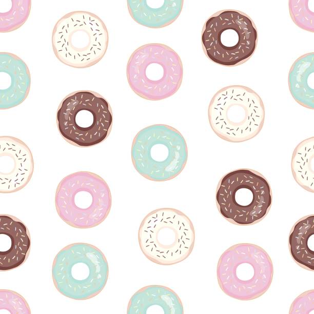 Donuts with pink icing. Seamless white pattern. Background for cafes, restaurants, coffee shops, catering. Design texture for menu, booklet, banner, website. Vector illustration. Seamless doughnuts with icing pattern. Background for cafes, restaurants texture Design for menu, booklet, banner, website. Vector illustration. donuts stock illustrations