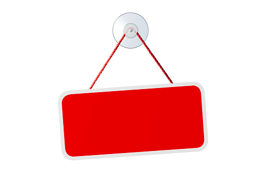 Red blank hanging tag for shop window or entrance door, isolated on white background.