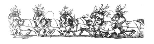 istock British satire comic caricatures illustrations - large horses harnessed together with men beside them 1292922828