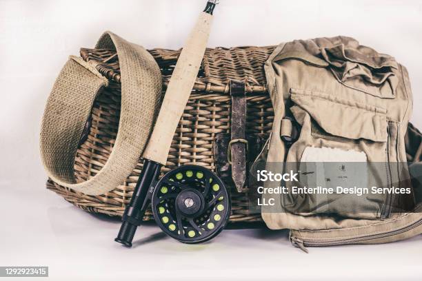 Fly Fishing Rod Vest And Fish Creel On A White Background Stock Photo -  Download Image Now - iStock