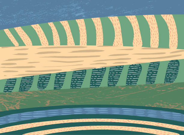 ilustrações, clipart, desenhos animados e ícones de vetor de fundo abstrato com terras agrícolas, natureza, paisagem agrícola.  ilustração da paisagem com modelo colorido. textura grunge - horizon over land illustrations