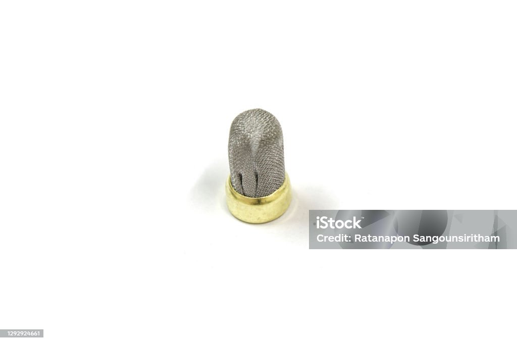 Stainless fuel injector filter basket on white background, Isolated, Car service. Car Stock Photo