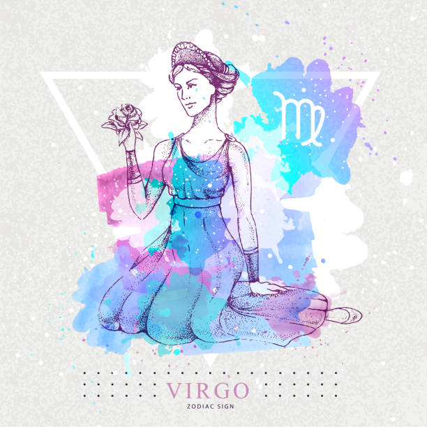 nowoczesna magiczna karta czarów z astrologiam virgo znak zodiaku na artystycznym tle akwareli. realistyczne strony rysunek głowy kobiety. - virgo stock illustrations