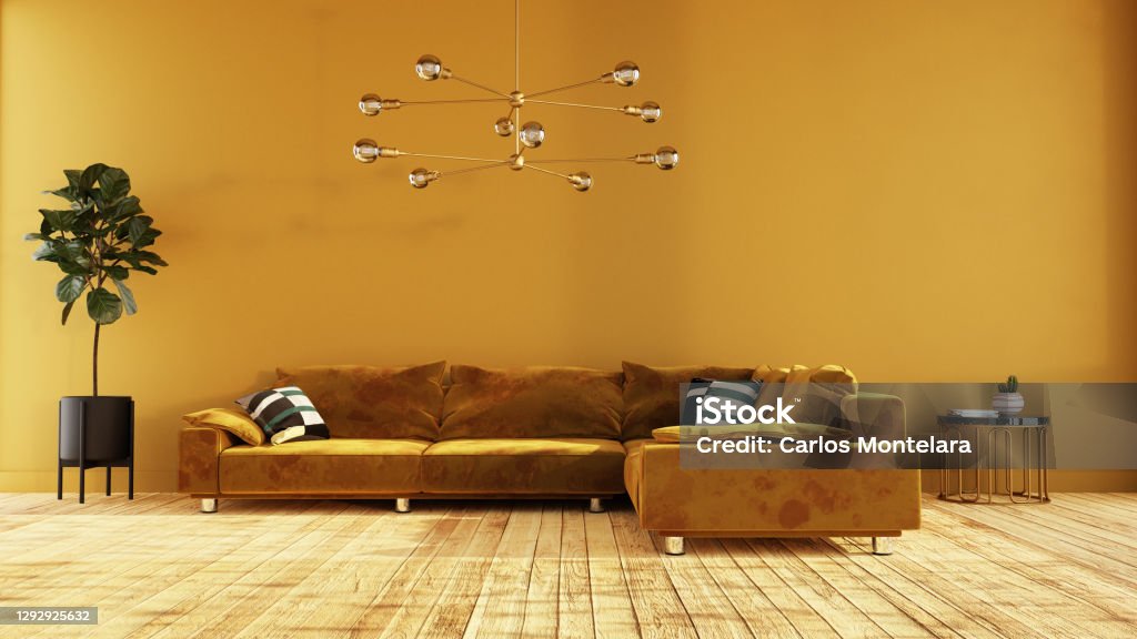 Yellow Living Room with Sofa stock photo Modern living room interior with suede sofa and yellow gold details Domestic Room Stock Photo