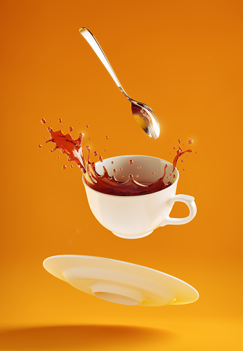 Levitating coffee set with splashes of pouring out coffee drink against the yellow background. 3D rendering graphics.