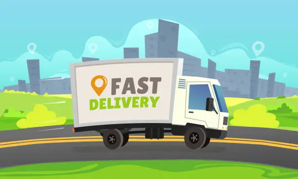 Vector illustration of White delivery car ride by road on cityscape background vector illustration. Discount special offer deliver meals. Truck moving goods