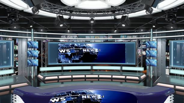 istock Virtual TV Studio News Set 1.2-4 Green screen background. 3d Rendering. 1292937402