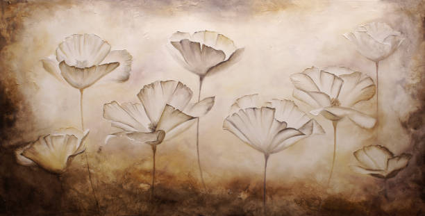 painting poppies pastel color with texture in canvas - oriental poppy fotos imagens e fotografias de stock