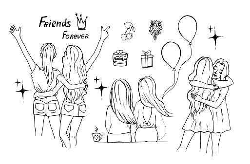 Female friendship concept, set of girls friends in different poses, doodle style