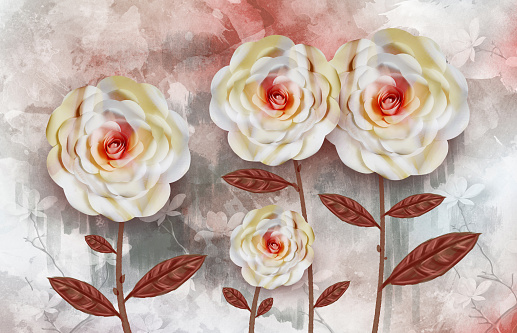 3d mural Illustration of beautiful rose flower decorative on art wall background .Graphical simple modern background art .\nvisually expand the space in a small room\n3d illustration, 3d rendering, 3d wall art, 3d walls, abstract, art, background, beautiful, beauty, bloom, blossom, bouquet, canvas, card, day, decor, decoration, decorative, design, drawing, flora, floral, flower, garden, graphic, illustration, illustration light colors, love, modern, nature, oil painting, ornament, pattern, petal, pink, plant, purple, red, romantic, rose, spring, texture, valentine, vintage, wall frames, wallpaper, wedding, white, white background
